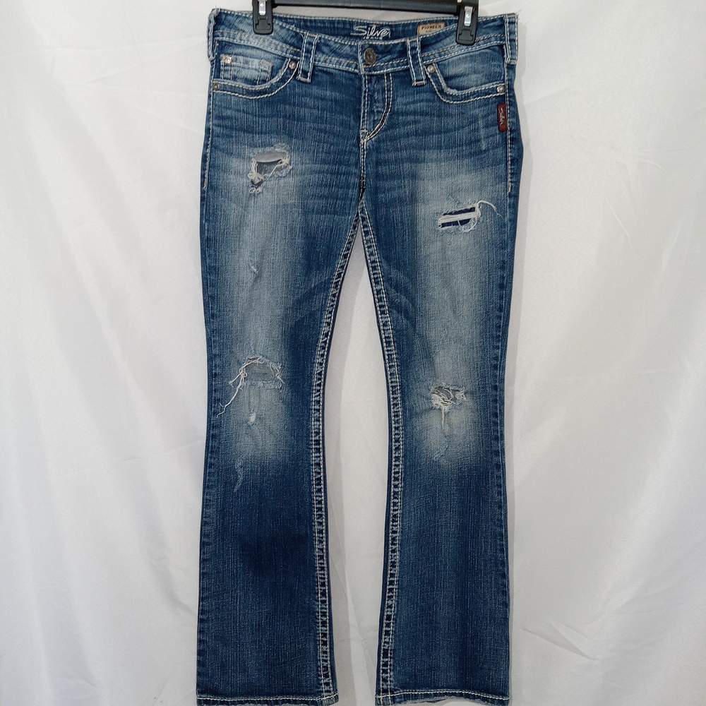 Silver Jeans Pioneer Bootcut Low Rise Distressed Denim Womens 29×31 Med Wash Y2K